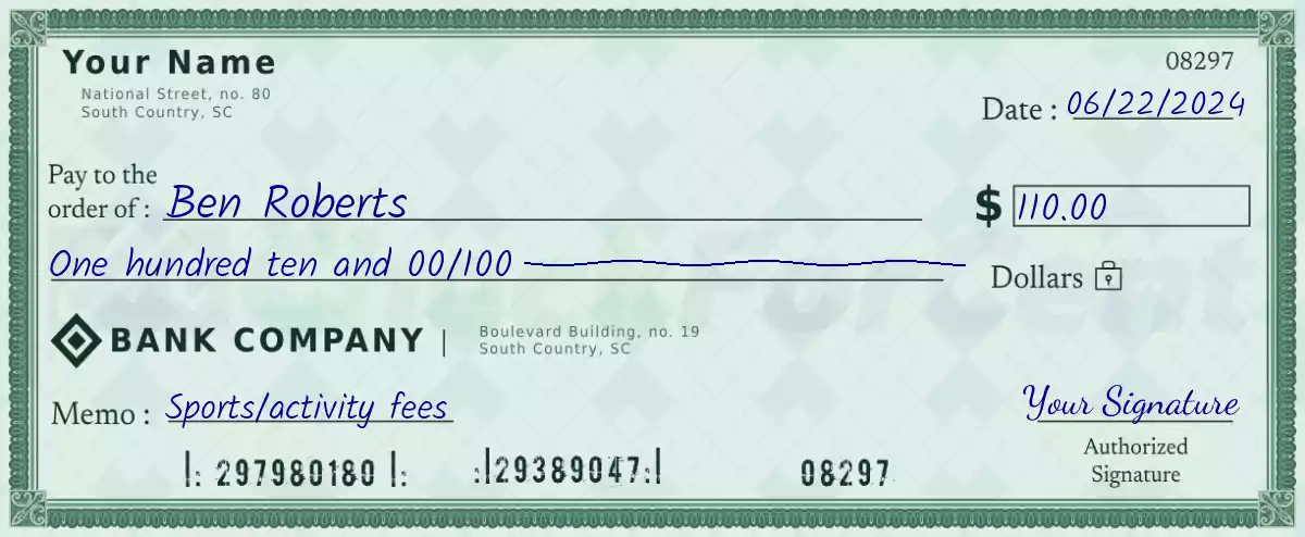 Example of a 110 dollar check