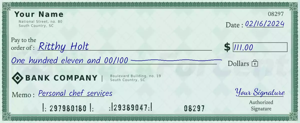 Example of a 111 dollar check