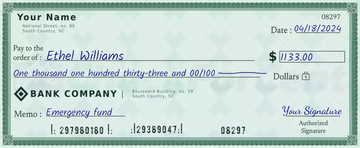 Example of a 1133 dollar check