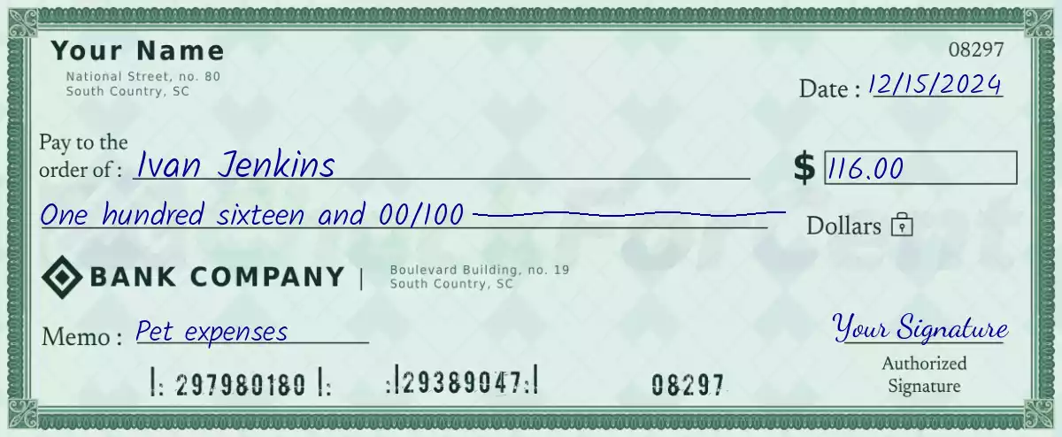 Example of a 116 dollar check