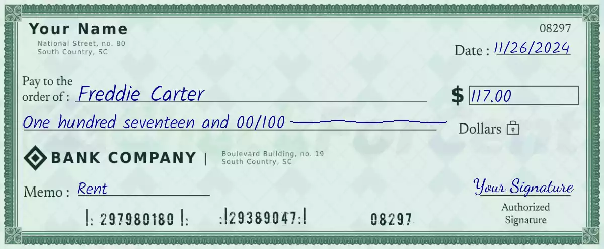 Example of a 117 dollar check