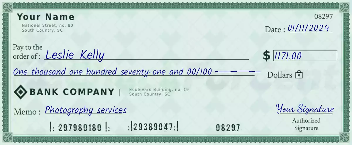 Example of a 1171 dollar check
