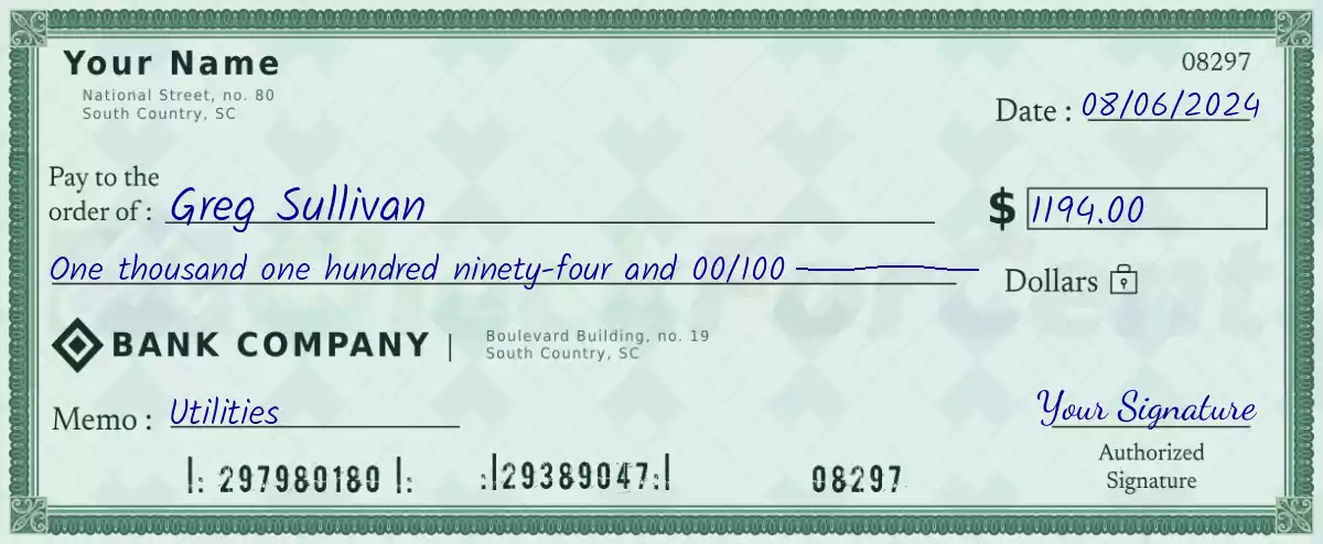 Example of a 1194 dollar check