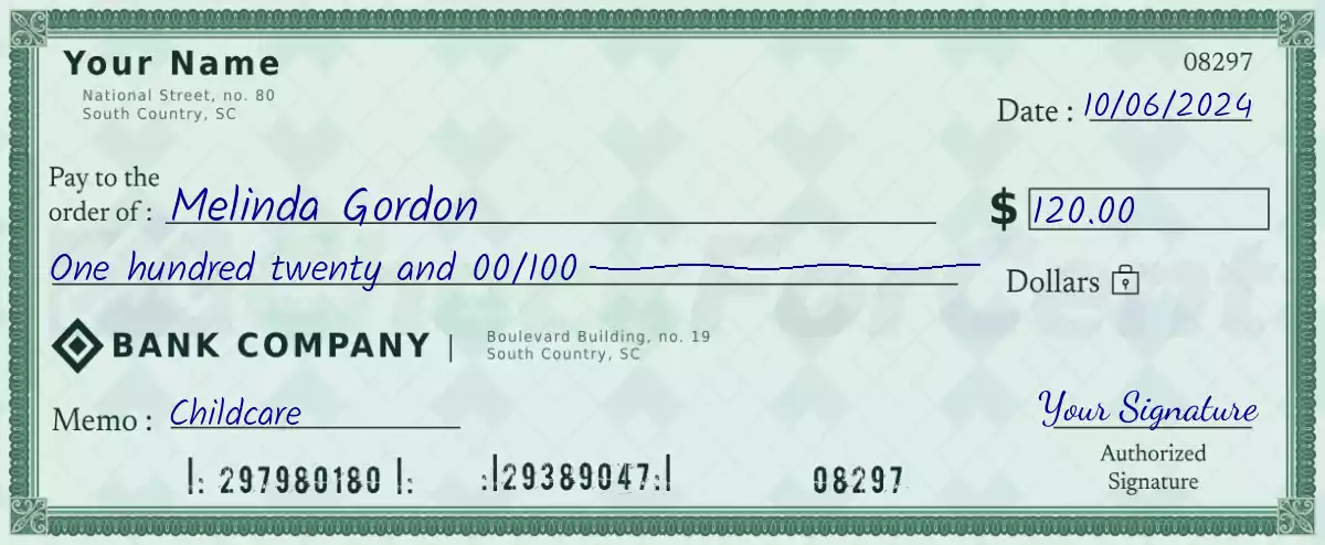 Example of a 120 dollar check