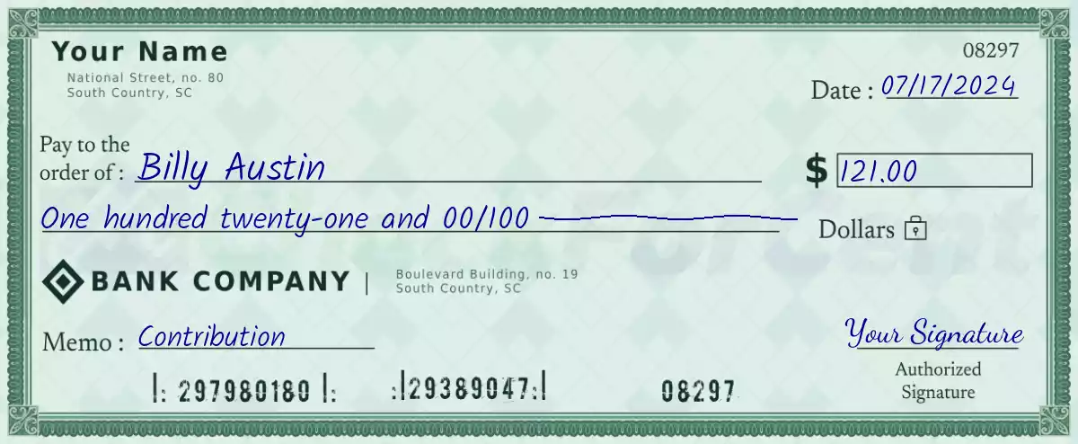 Example of a 121 dollar check