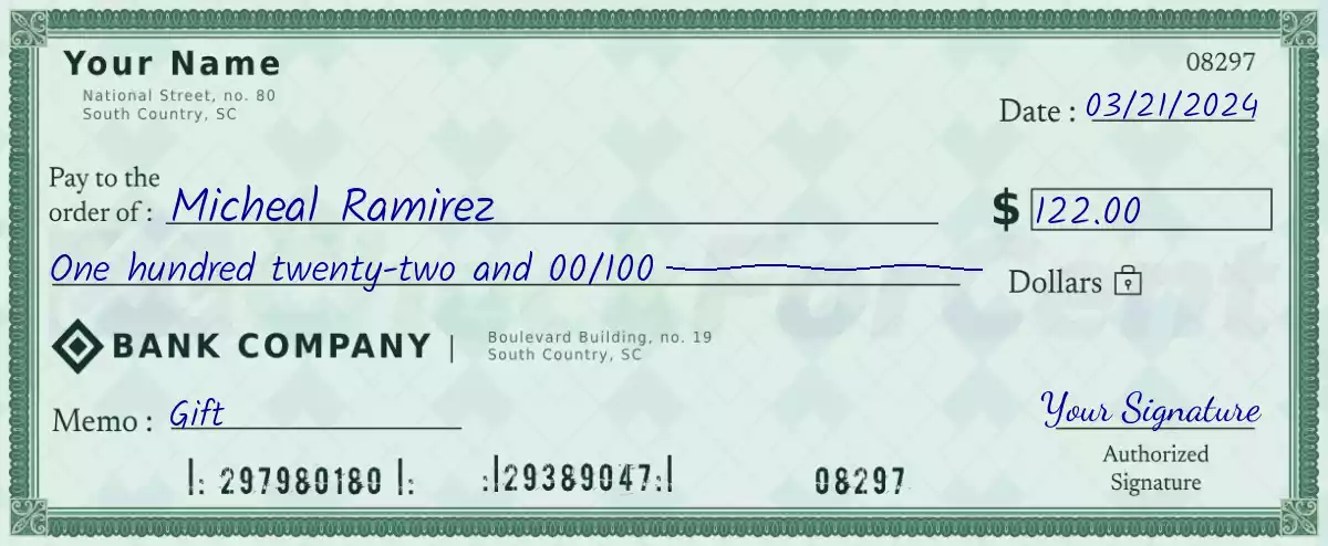 Example of a 122 dollar check