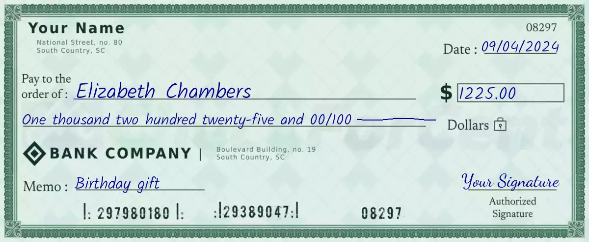 Example of a 1225 dollar check