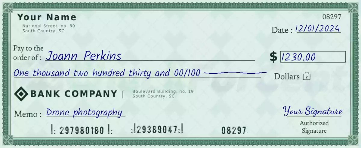 Example of a 1230 dollar check