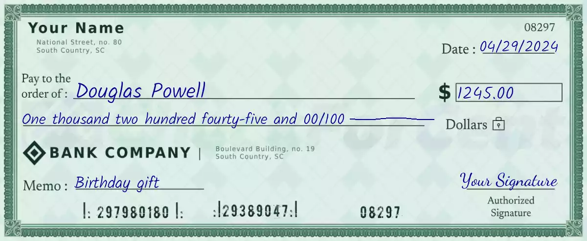 Example of a 1245 dollar check