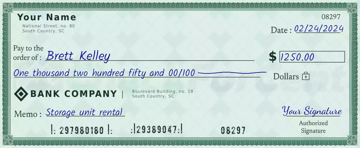 Example of a 1250 dollar check
