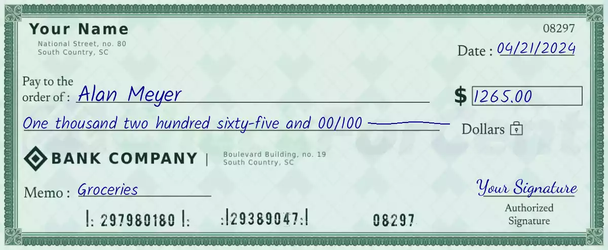 Example of a 1265 dollar check