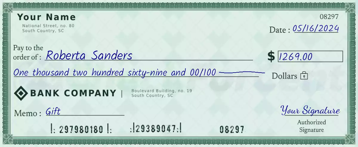 Example of a 1269 dollar check
