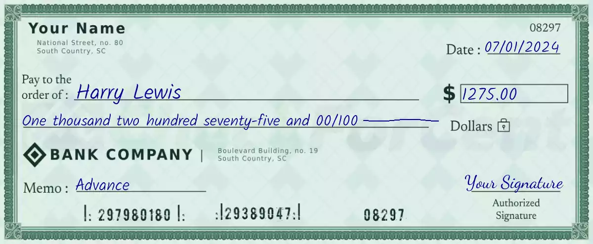 Example of a 1275 dollar check