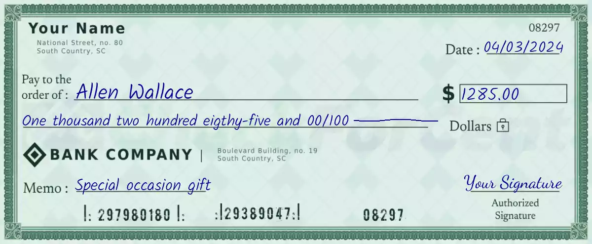 Example of a 1285 dollar check
