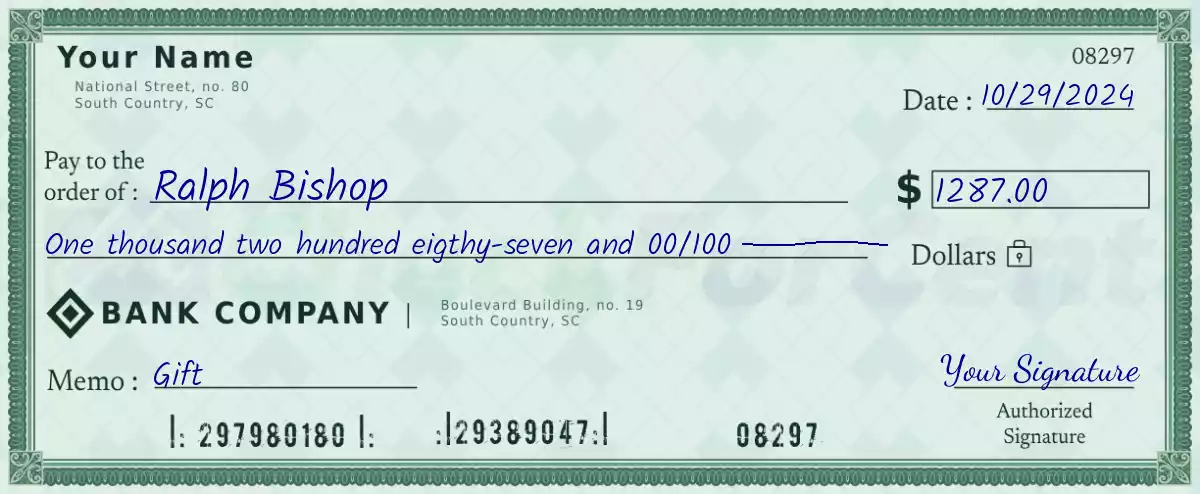 Example of a 1287 dollar check
