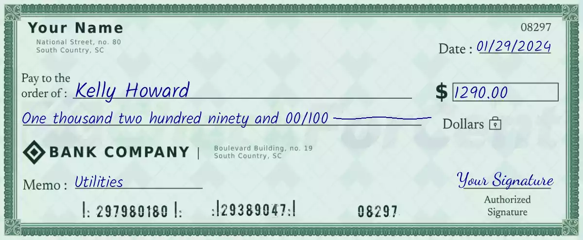 Example of a 1290 dollar check