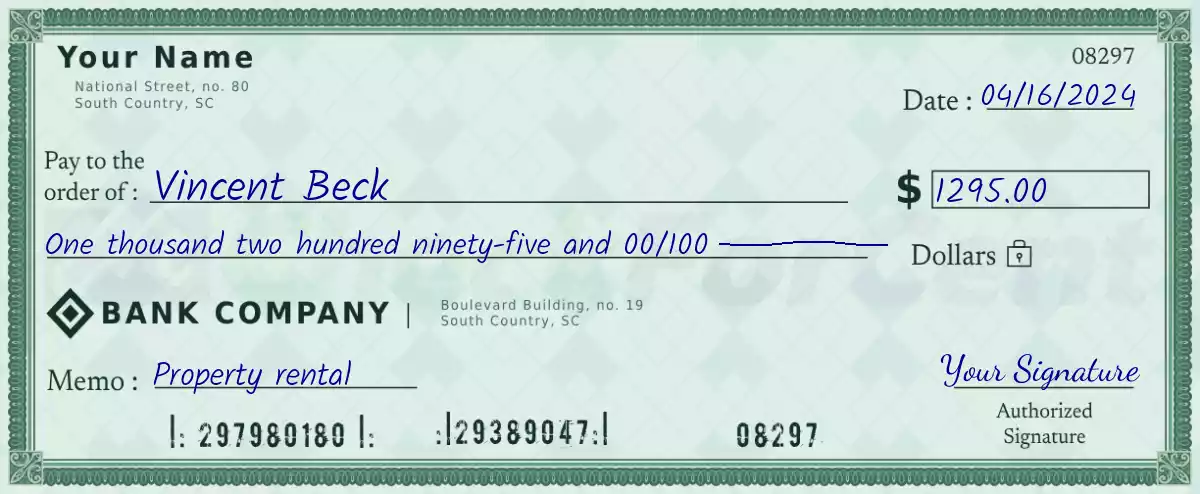 Example of a 1295 dollar check