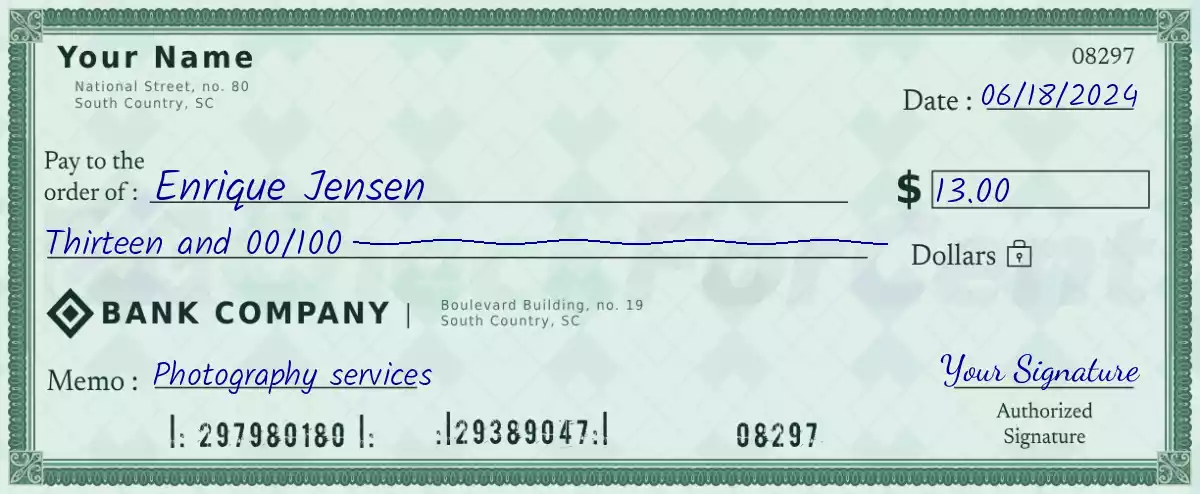 Example of a 13 dollar check