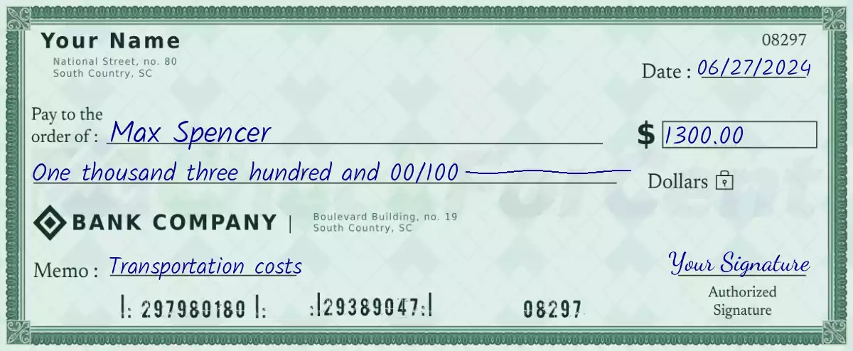 Example of a 1300 dollar check