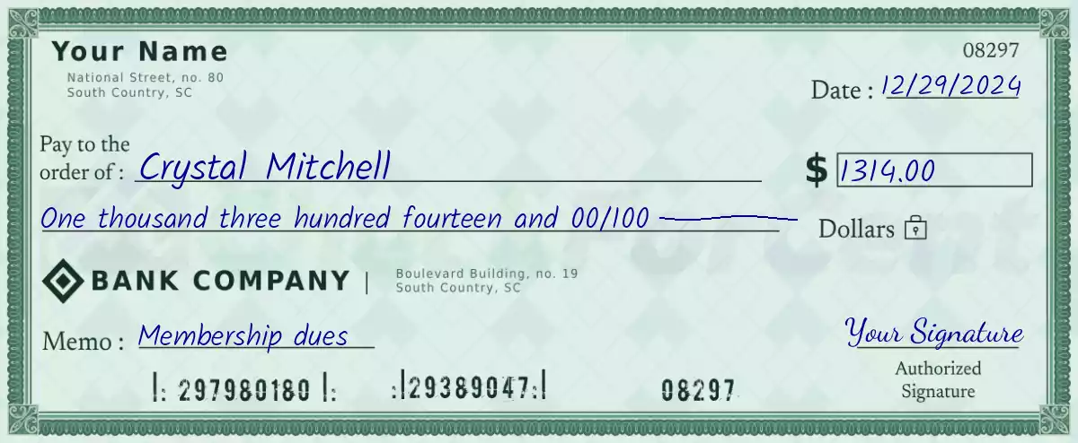 Example of a 1314 dollar check
