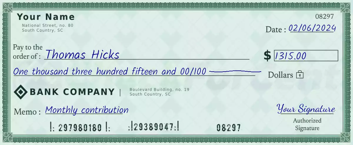 Example of a 1315 dollar check