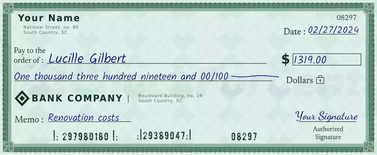 Example of a 1319 dollar check