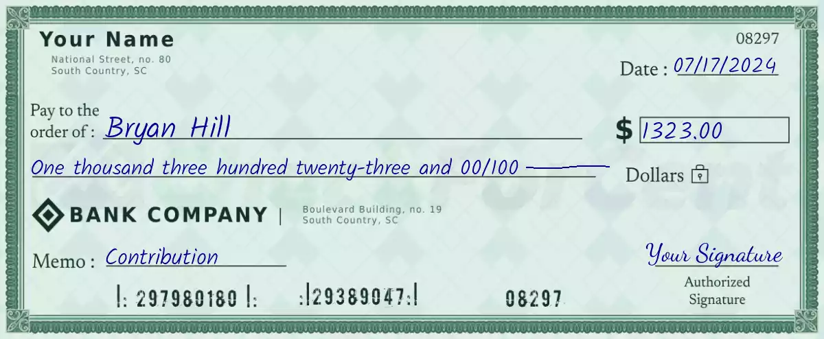 Example of a 1323 dollar check