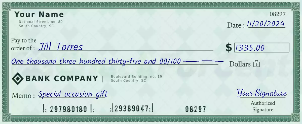 Example of a 1335 dollar check