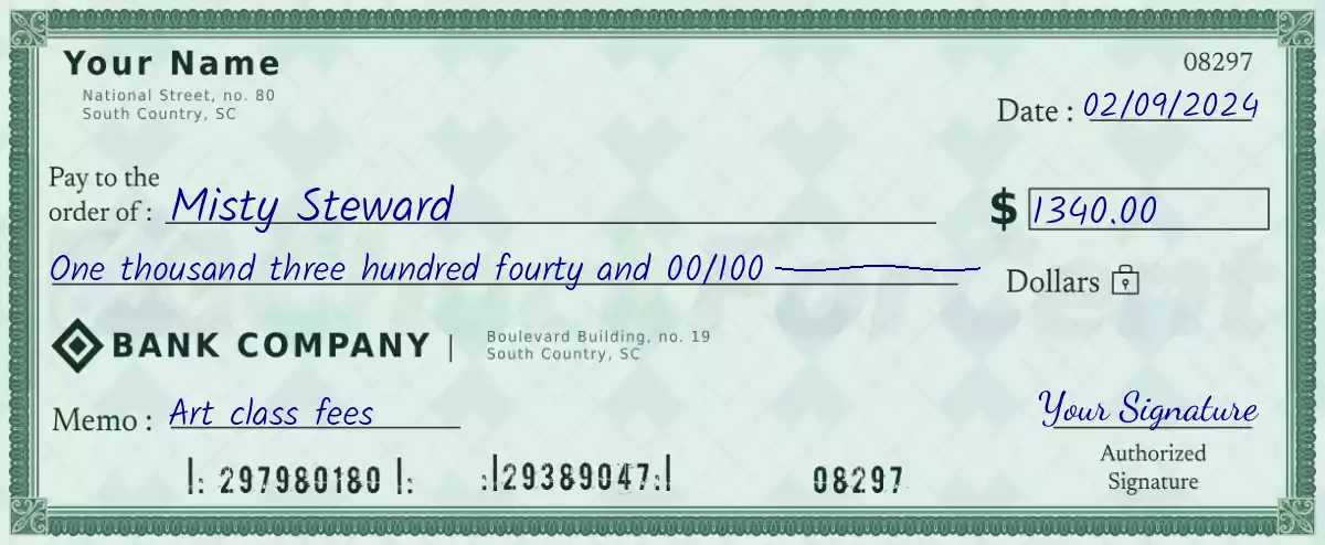 Example of a 1340 dollar check