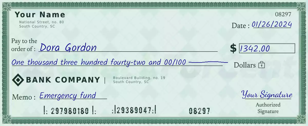 Example of a 1342 dollar check
