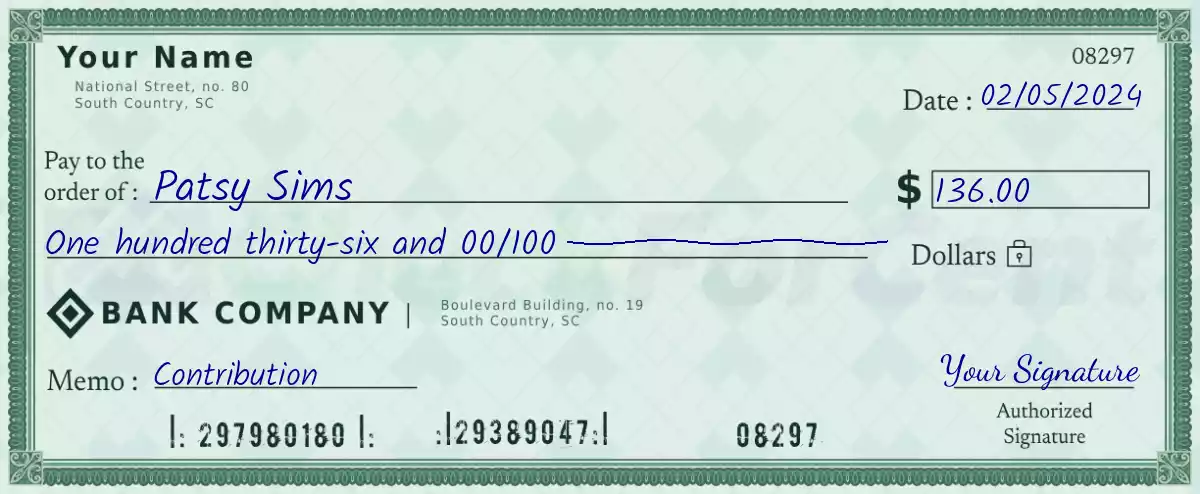 Example of a 136 dollar check
