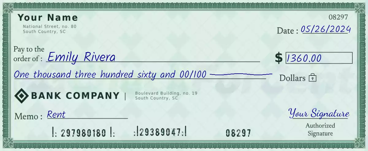 Example of a 1360 dollar check