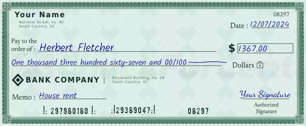 Example of a 1367 dollar check