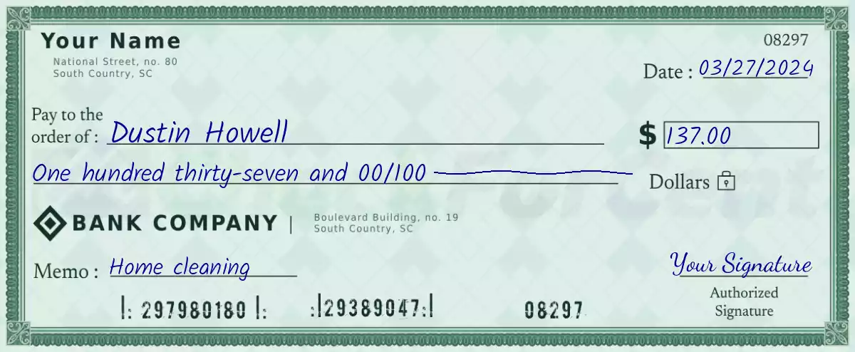 Example of a 137 dollar check