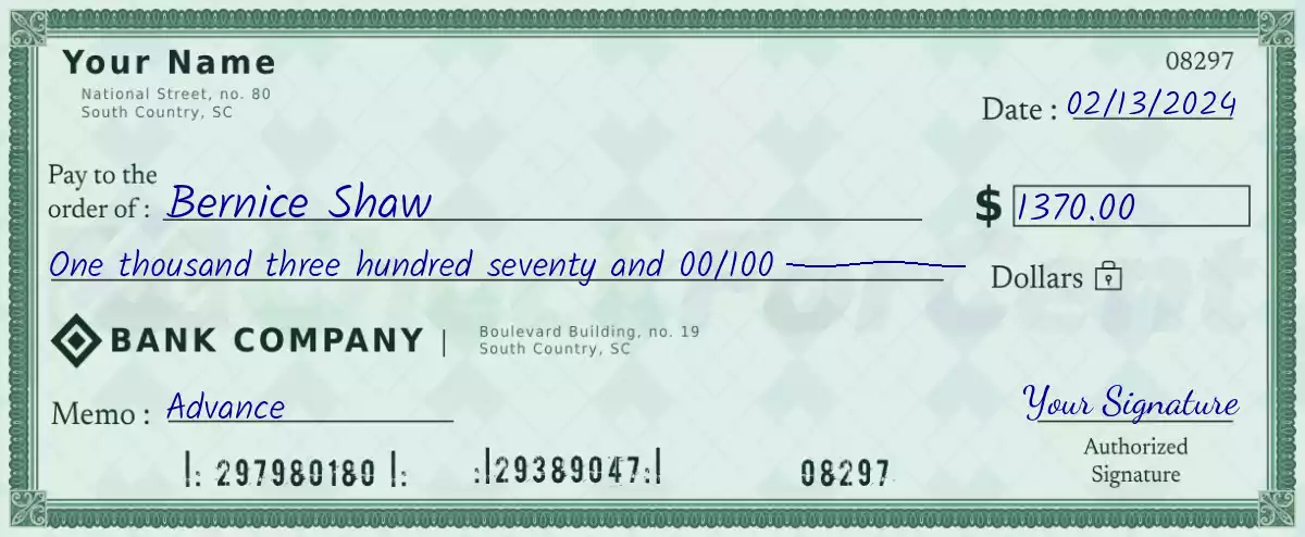 Example of a 1370 dollar check