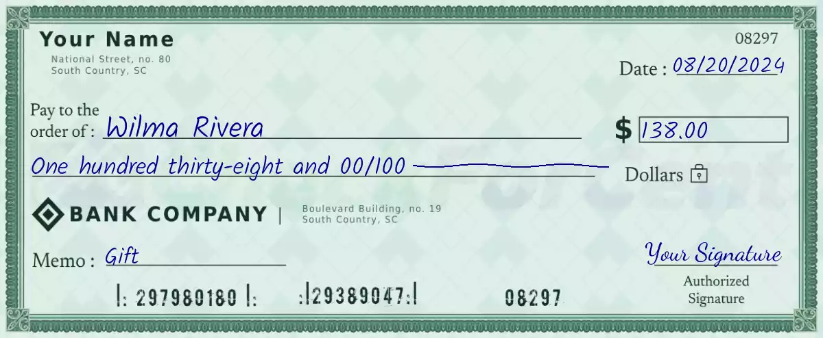 Example of a 138 dollar check