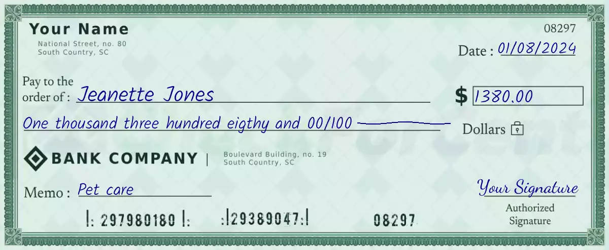 Example of a 1380 dollar check