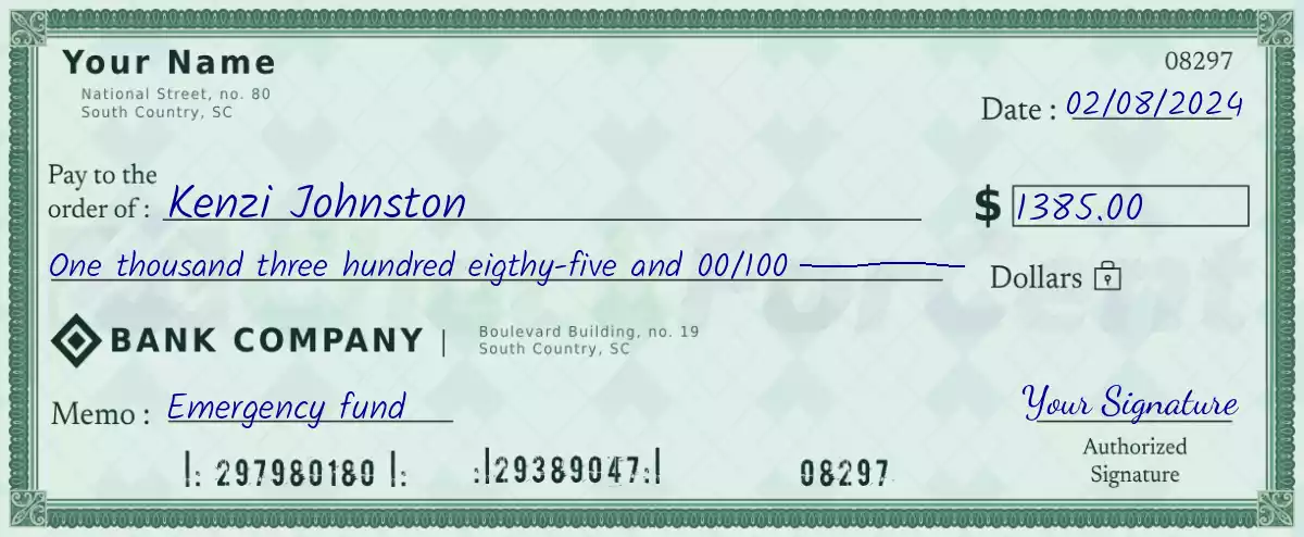 Example of a 1385 dollar check