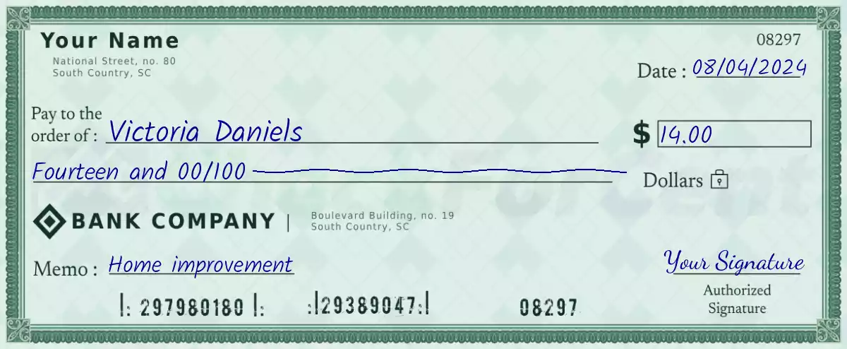 Example of a 14 dollar check