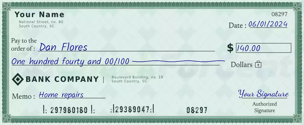 Example of a 140 dollar check