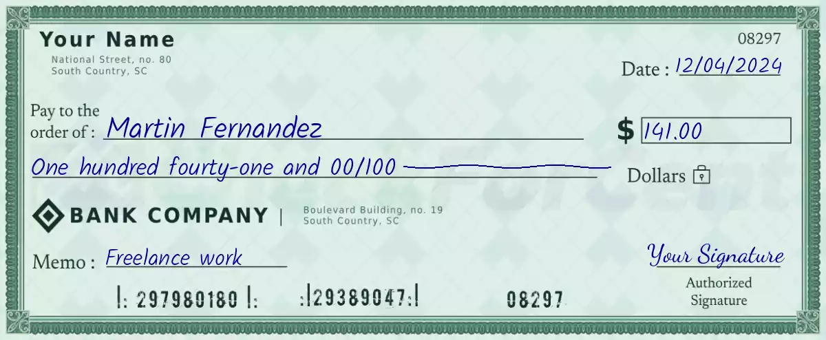 Example of a 141 dollar check