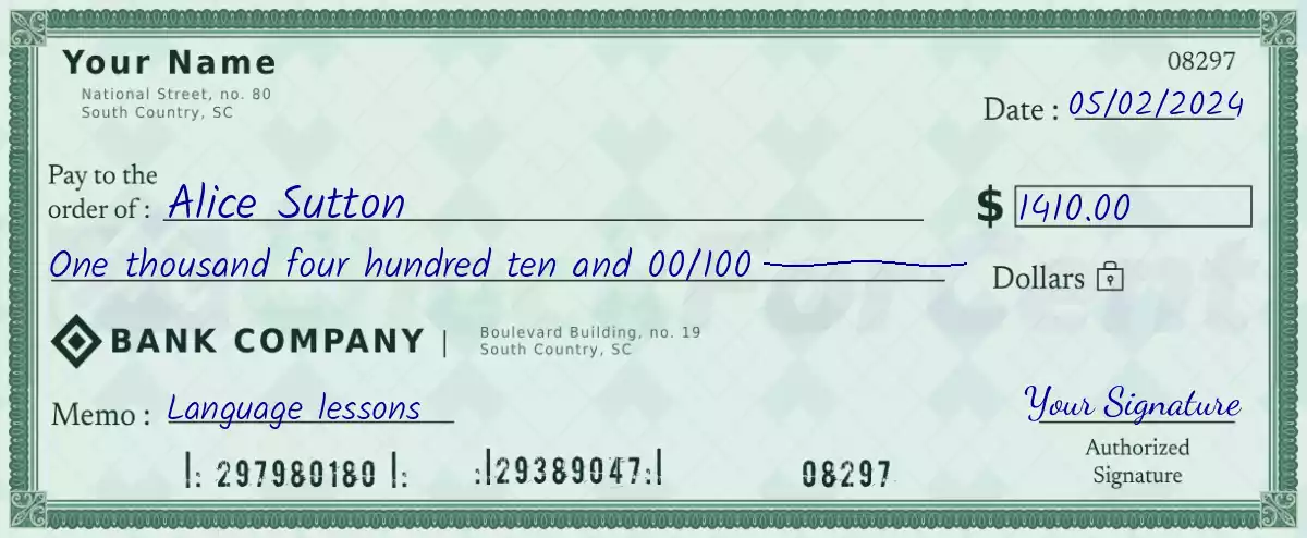 Example of a 1410 dollar check