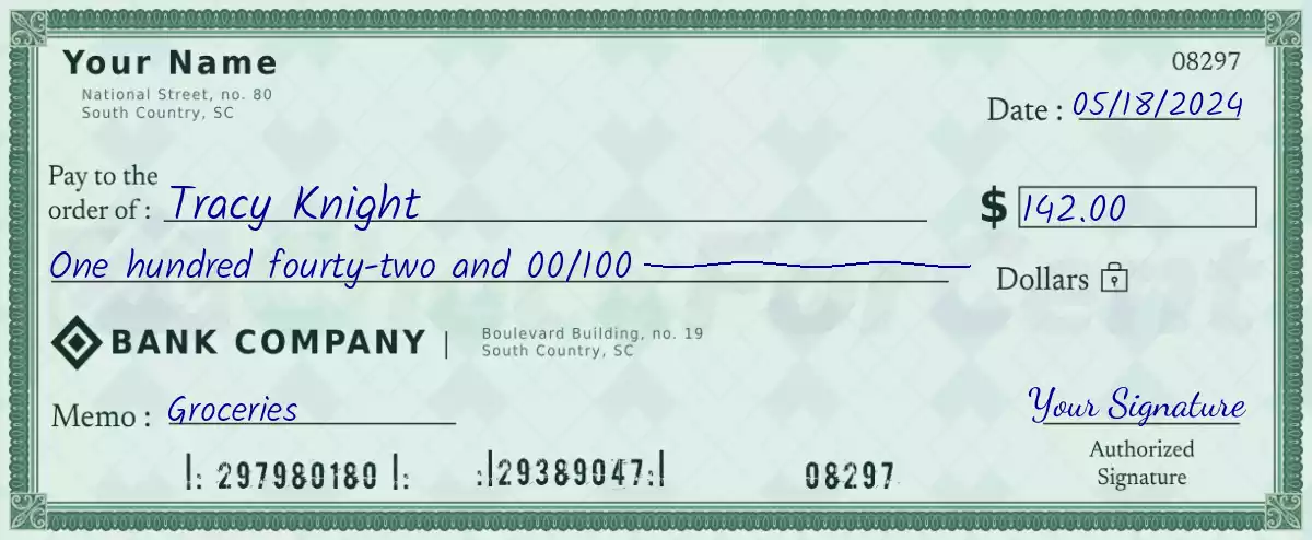 Example of a 142 dollar check