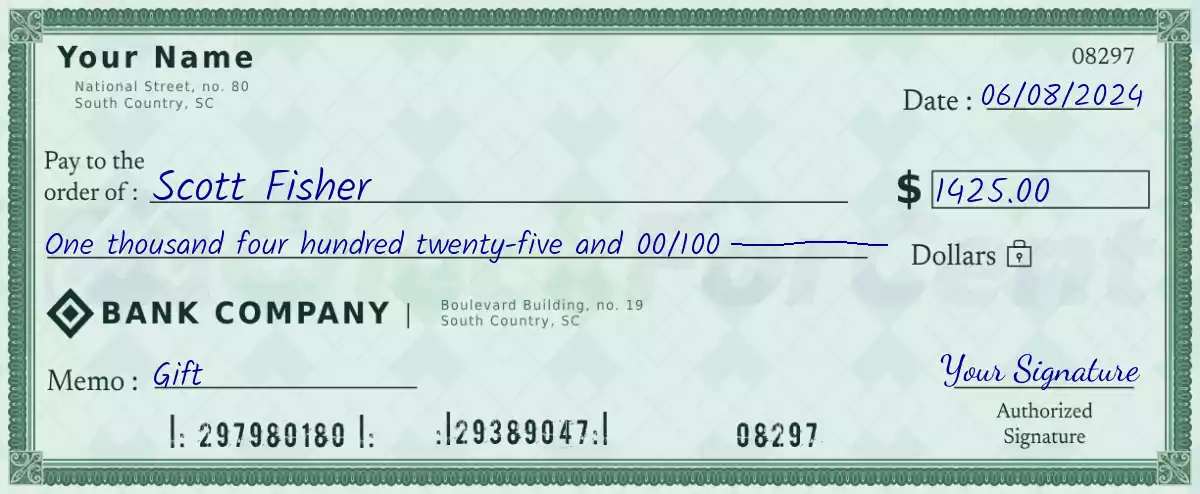 Example of a 1425 dollar check