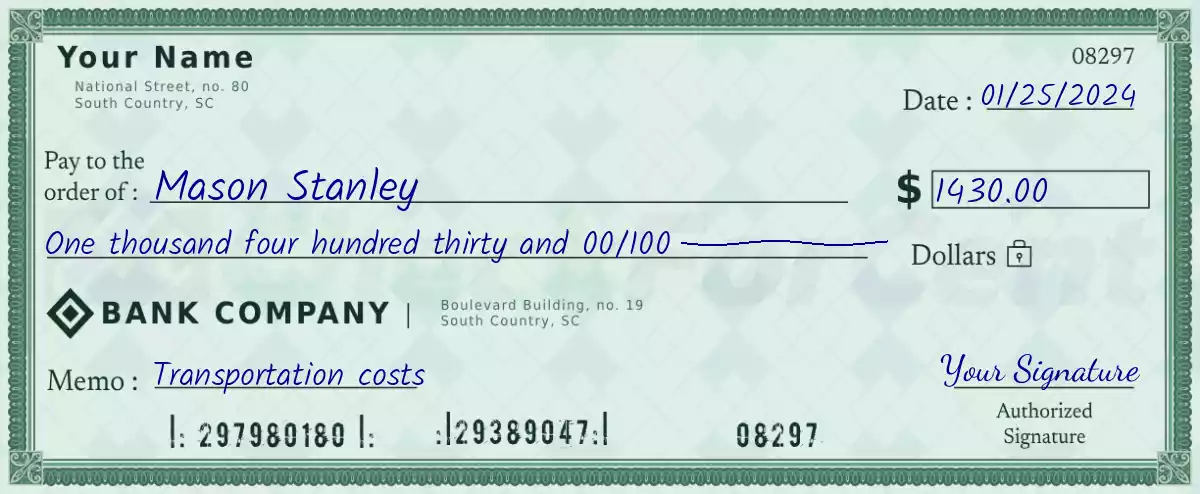 Example of a 1430 dollar check