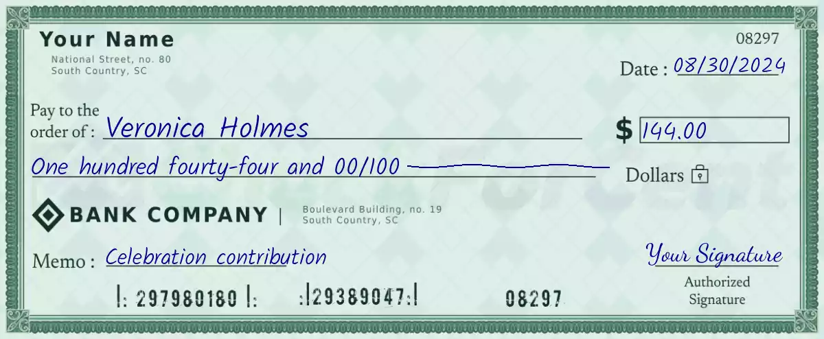 Example of a 144 dollar check