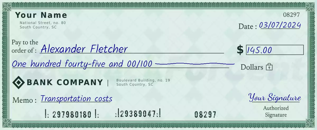 Example of a 145 dollar check
