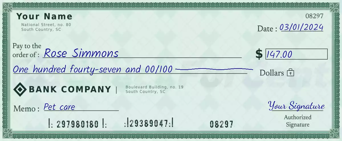 Example of a 147 dollar check