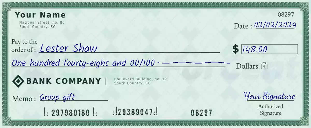 Example of a 148 dollar check