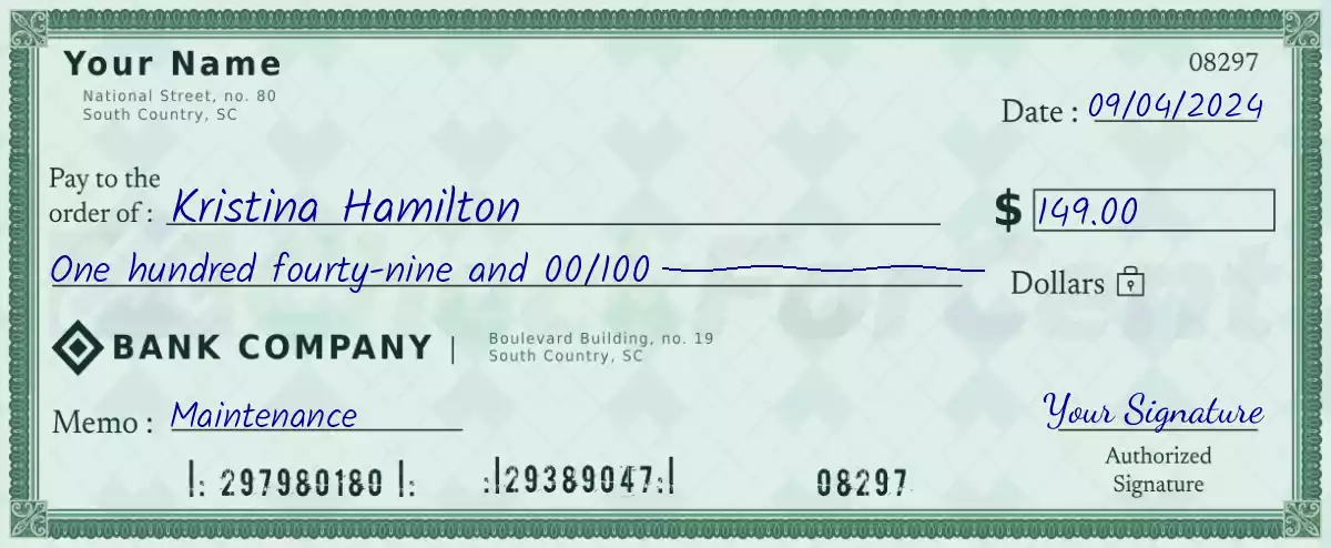 Example of a 149 dollar check